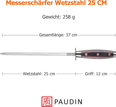 PAUDIN Wetzstahl 25 cm, Profi Messerschärfer Wetzstahl für Messer – aus gehärtetem Spezialstahl mit