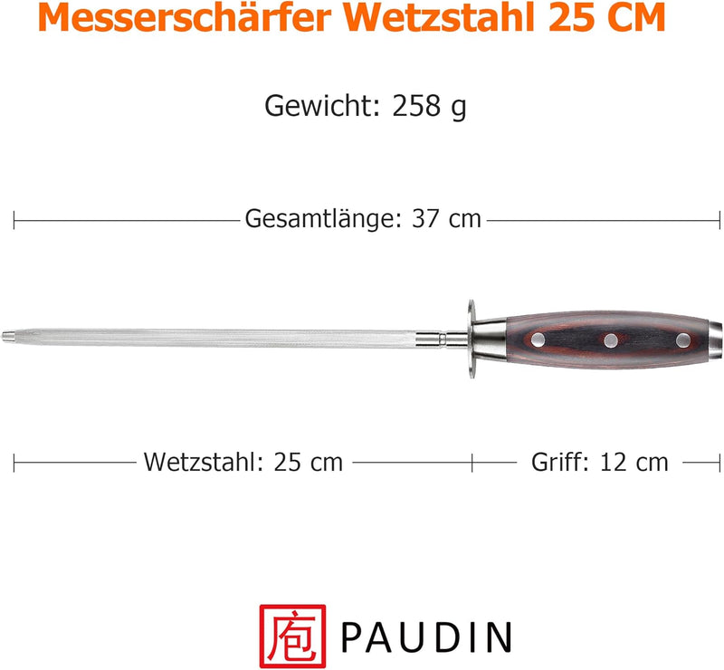 PAUDIN Wetzstahl 25 cm, Profi Messerschärfer Wetzstahl für Messer – aus gehärtetem Spezialstahl mit