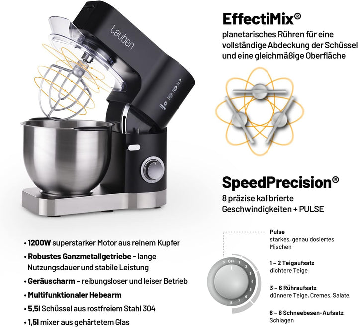 Küchenmaschine Lauben Kitchen Machine 1200BC mit Kupfermotor und Ganzmetall-Getriebe, 1200W, Mixer a
