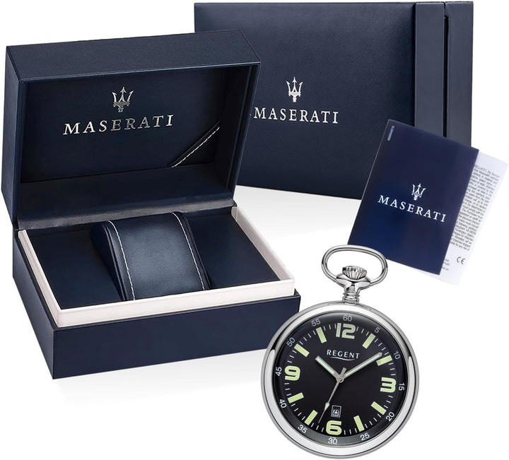 Regent Herren Taschenuhr Edelstahl 50 MM Quarz Schwarzes Zifferblatt Arabische Zahlen Datum P-742