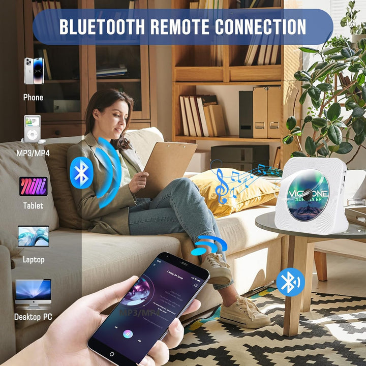 CD Player mit Bluetooth-Transmitter, tragbarer Bluetooth CD Player mit Timer, Staubschutzhülle, FM-R