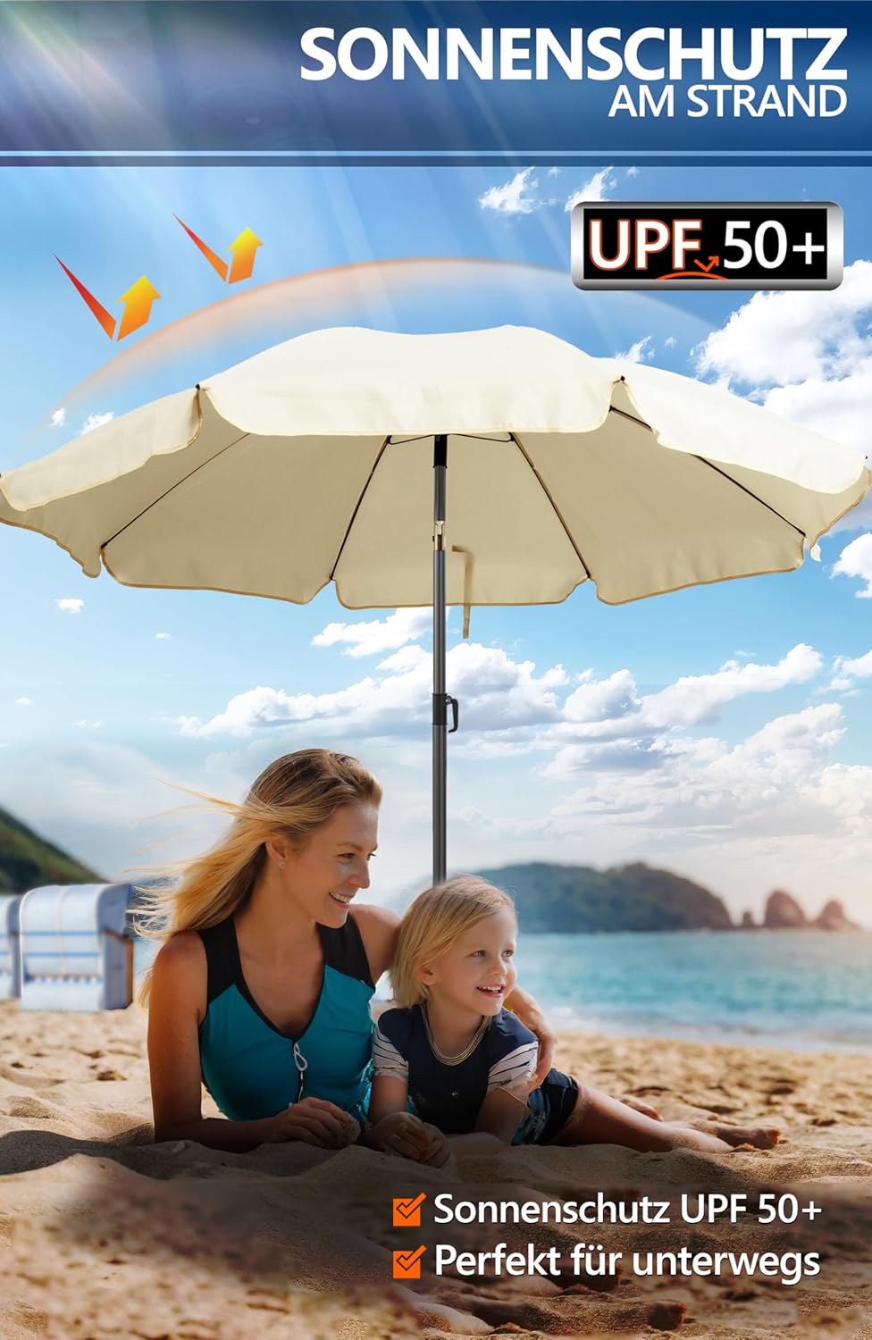 4smile Sonnenschirm Balkon Ø 180cm, Beige - Sonnenschirm Strand mit Hülle - Balkonschirm mit Knickfu