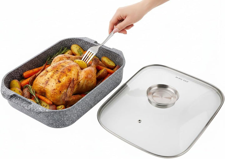 Bräter mit Deckel 6 L, Keramik-Marmor-Beschichtung, Grau | Auflaufform für Backofen und alle Herdart