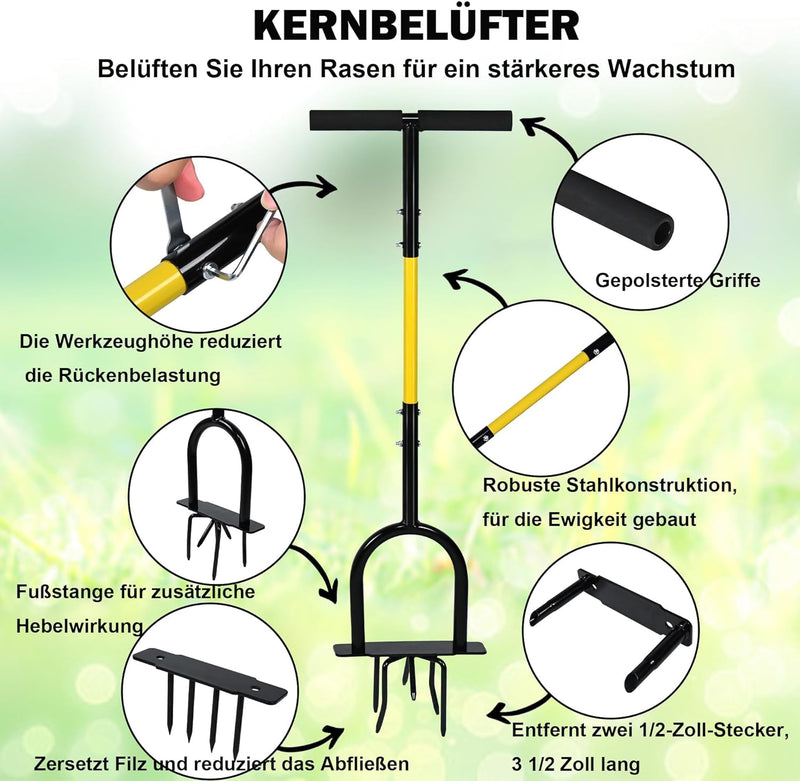 XMTECH 3 in 1 Gartengeräte mit Stiel, Rasenbelüfter Rasenlüfter, Gartenkralle Twist, Manuelle Bodenk