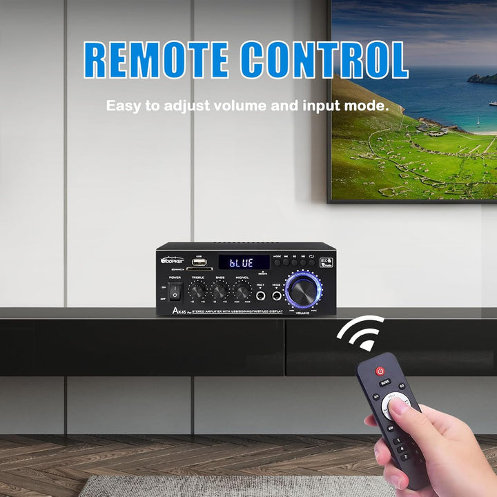 AK45 Pro Verstärker HiFi Stereo 500 Watt, 2 Kanal Mini Audio Receiver mit w/UKW-Radio, USB/SD/AUX/RC