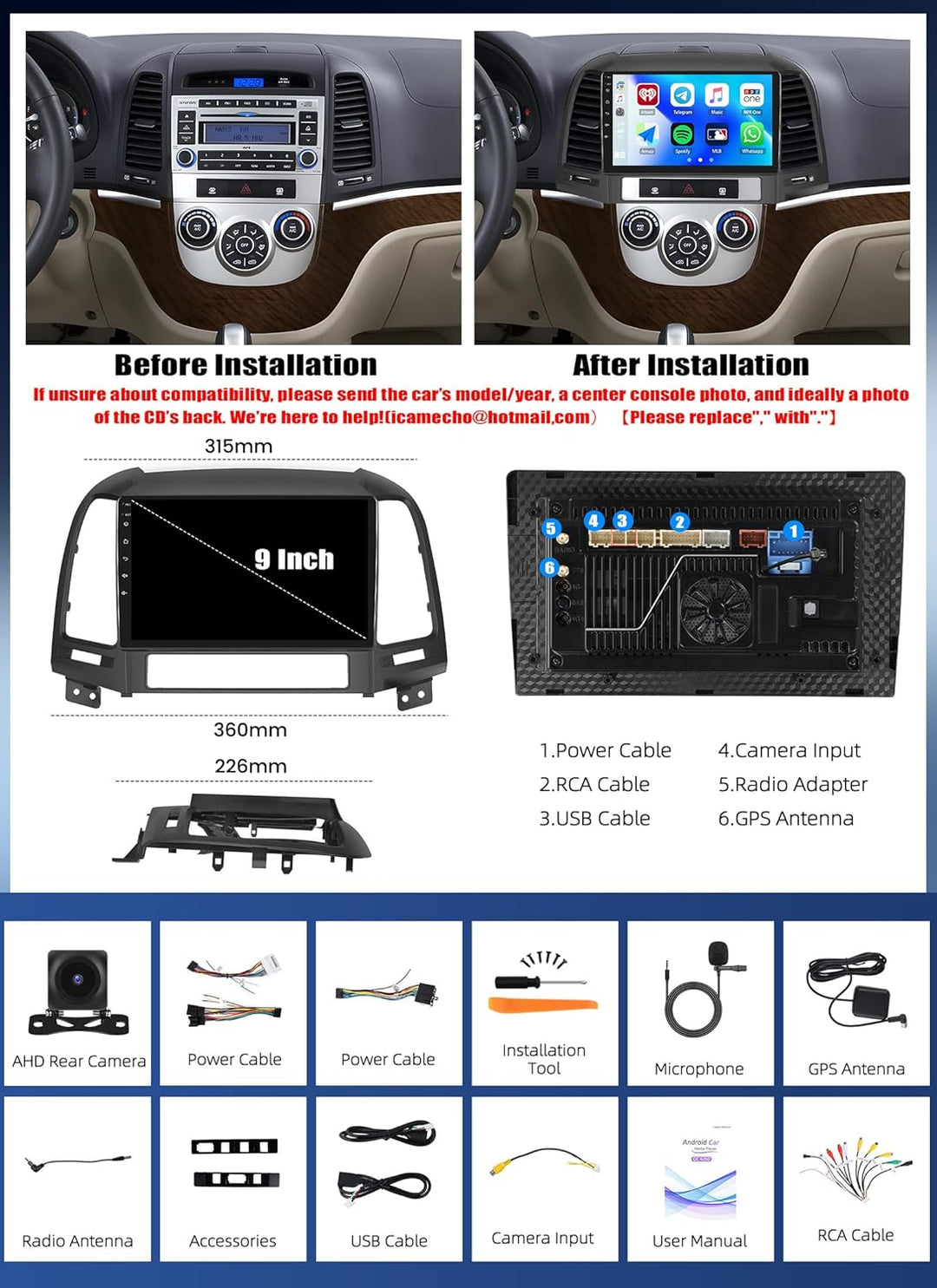 CAMECHO Android 15 Qualcomm Octa Core 4G+64G Autoradio für Hyundai Santa Fe 2006-2012 mit Carplay An