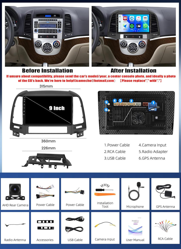 CAMECHO Android 15 Qualcomm Octa Core 4G+64G Autoradio für Hyundai Santa Fe 2006-2012 mit Carplay An