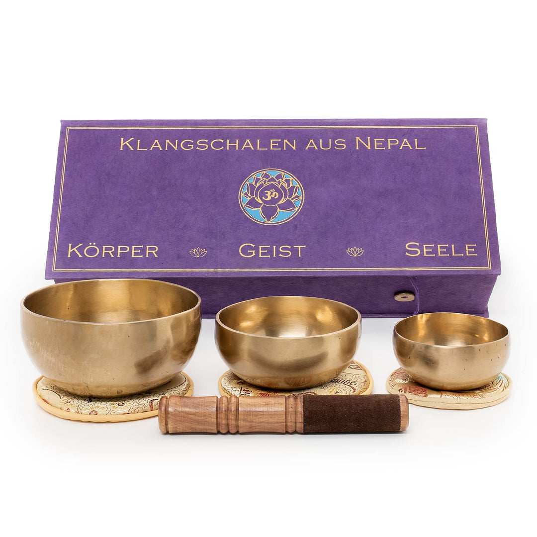 Körper-Geist-Seele-Box mit 3 feinen Klangschalen für das Herz-Chakra, das Stirn-Chakra und Kronencha