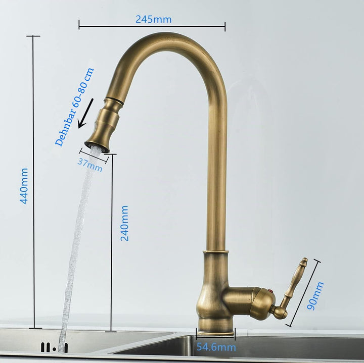 NIUKO Retro Küchenarmatur Ausziehbar, Wasserhahn Küche Messing Antik, Einhebel 360°Drehbar Spültisch