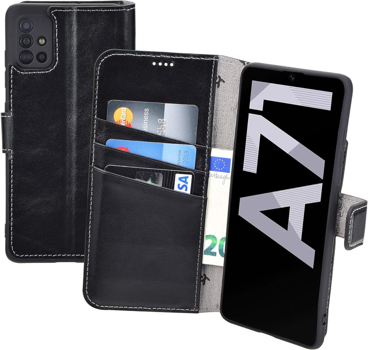 Suncase Book-Style Hülle kompatibel mit Samsung Galaxy A71 Leder Tasche (Slim-Fit) Lederhülle Handyt