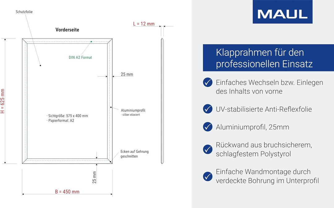 Maul Klapprahmen MAULstandard A2 | Bilderrahmen für Poster, Werbemittel & Fotos | Robuster Rahmen mi