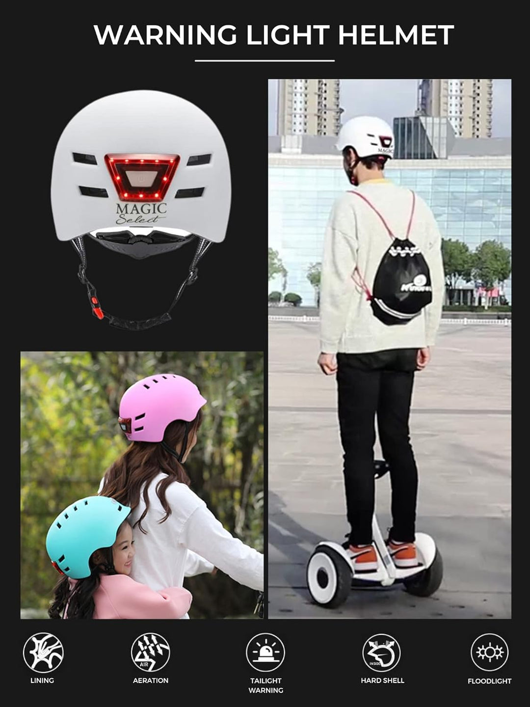 Fahrrad oder Elektrorollerhelm mit Rotem Warnlicht + weissem Frontlicht. Fahrradhelm, Skate, Schlitt