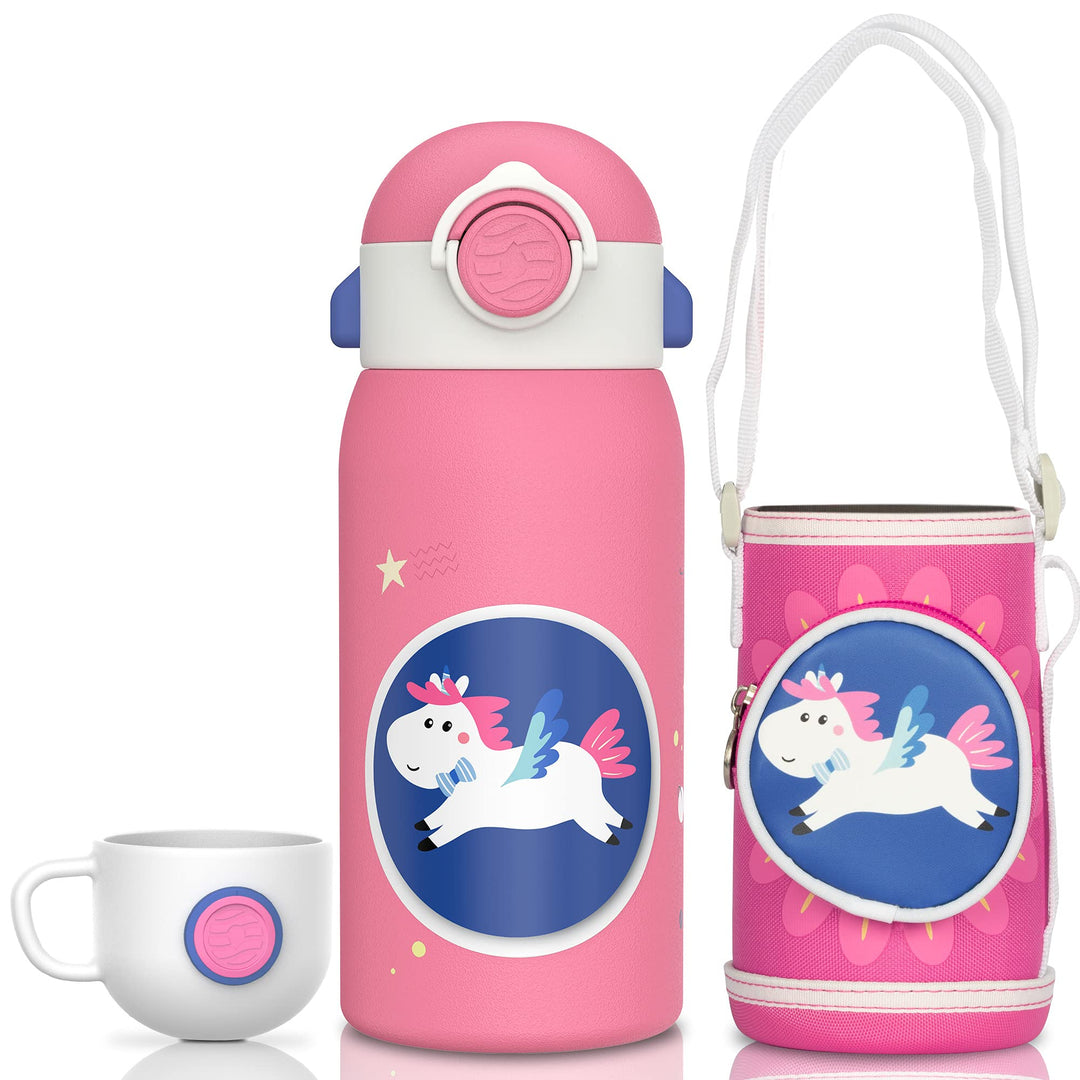 Fjbottle 600ml Trinkflasche Kinder Edelstahlflasche mit Strohhalm + 2 Deckeln, BPA-frei Auslaufsiche
