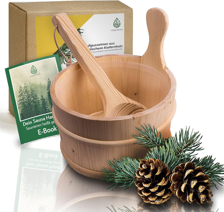 CozyNature® Sauna Eimer mit Kelle aus hochwertigem finnischen Kiefern-Holz | Sauna Zubehör, Saunaküb
