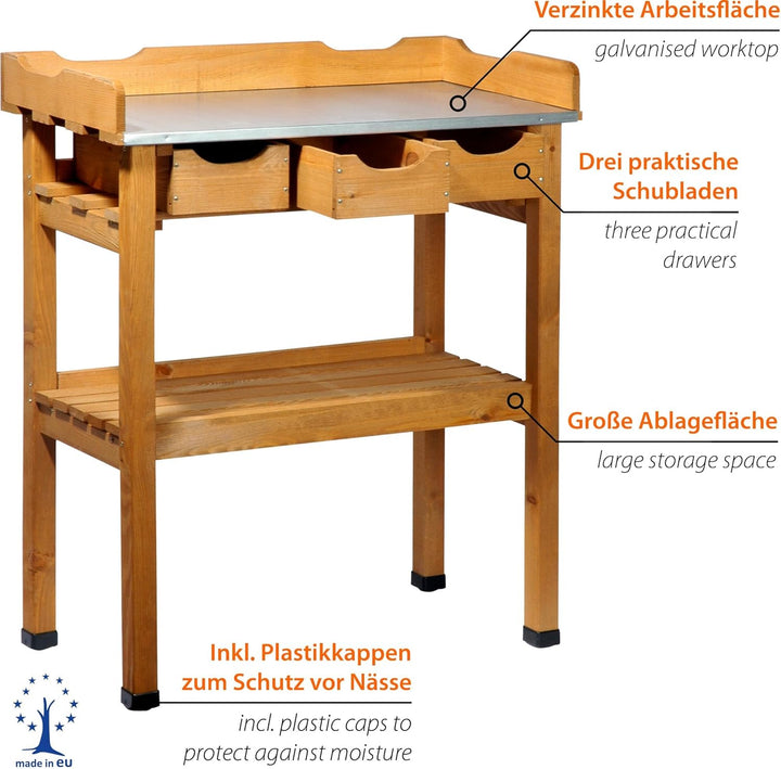 dobar® 29030e Pflanztisch mit 3 Schubladen | Gärtnertisch mit Ablageboden | Umtopftisch Kiefernholz
