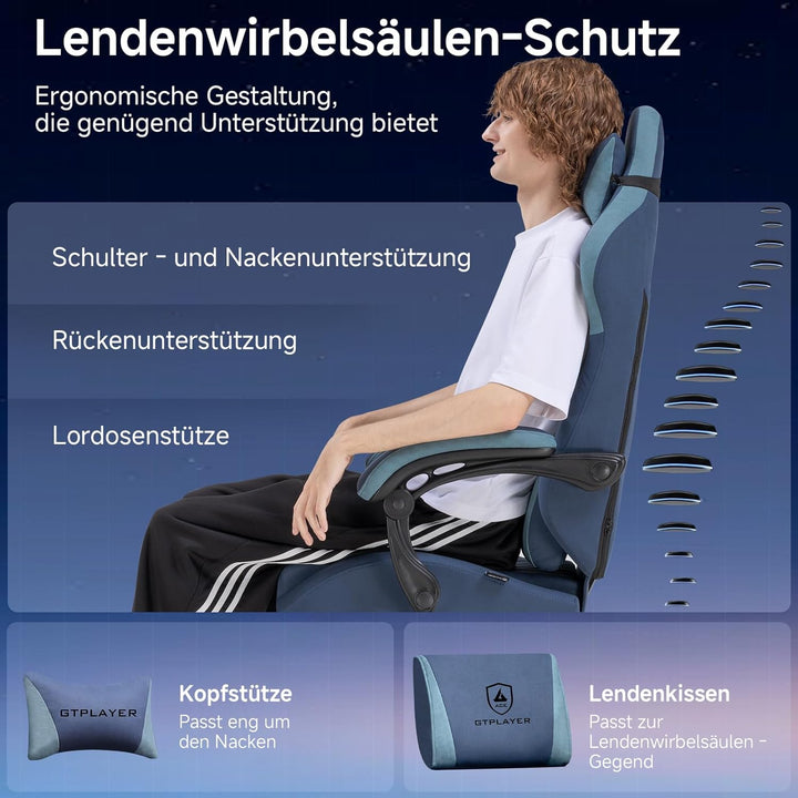 GTPLAYER Gaming Stuhl, Ergonomischer Gamer Stuhl aus Stoff mit Lendenwirbelstütze, PC-Stuhl mit verb