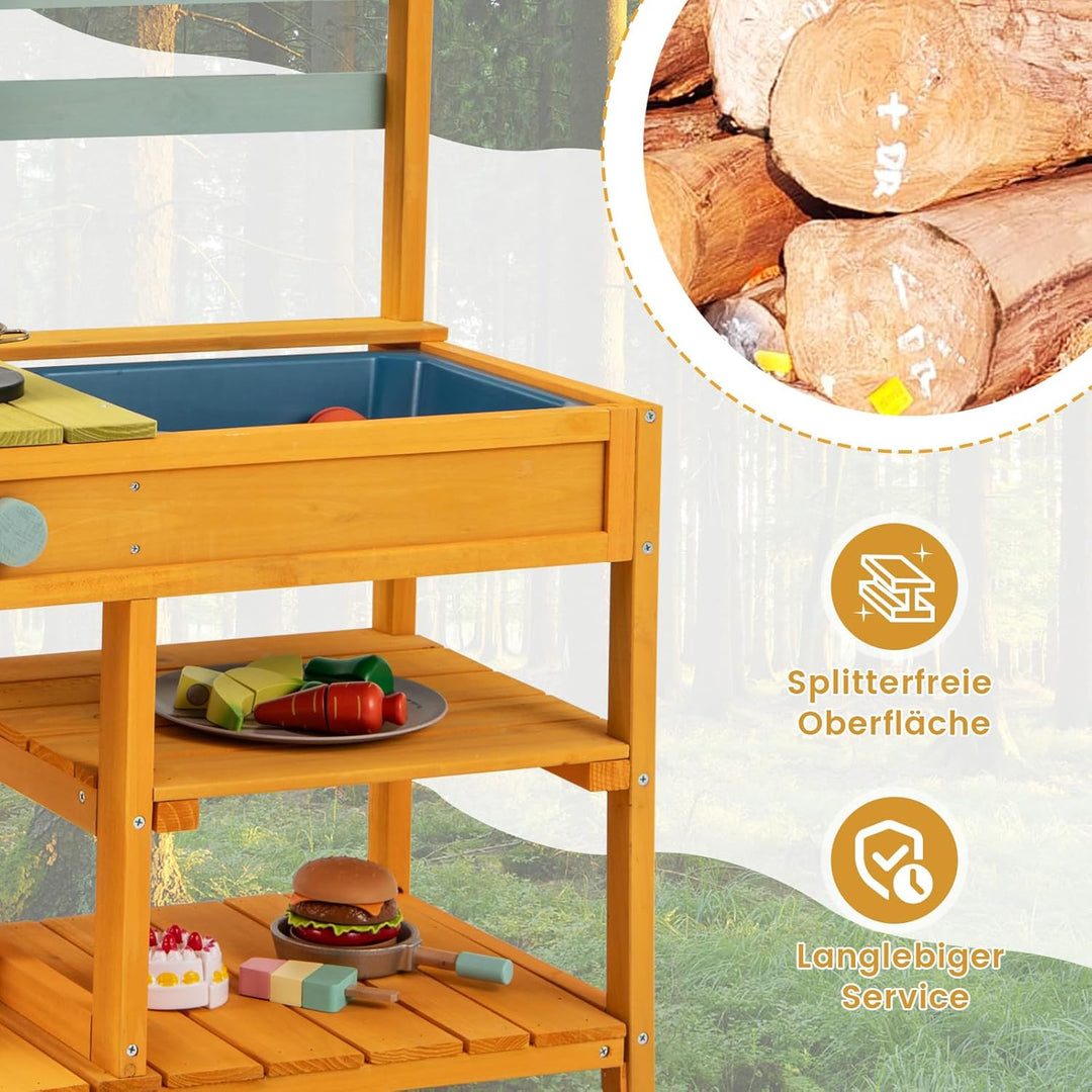 COSTWAY Matschküche Kinder Outdoor, Kinderküche Holz mit Spüle, Spielküche mit Haken & abnehmbarem R