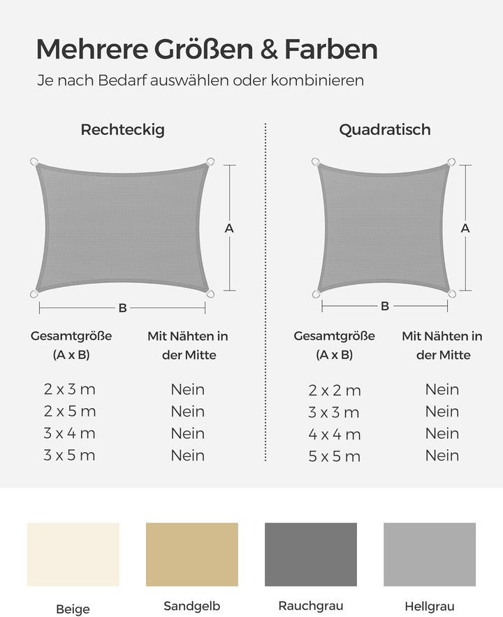 SONGMICS Sonnensegel 3 x 3 m, Sonnenschutz aus HDPE-Gewebe, luftdurchlässig, wasserdurchlässig, für