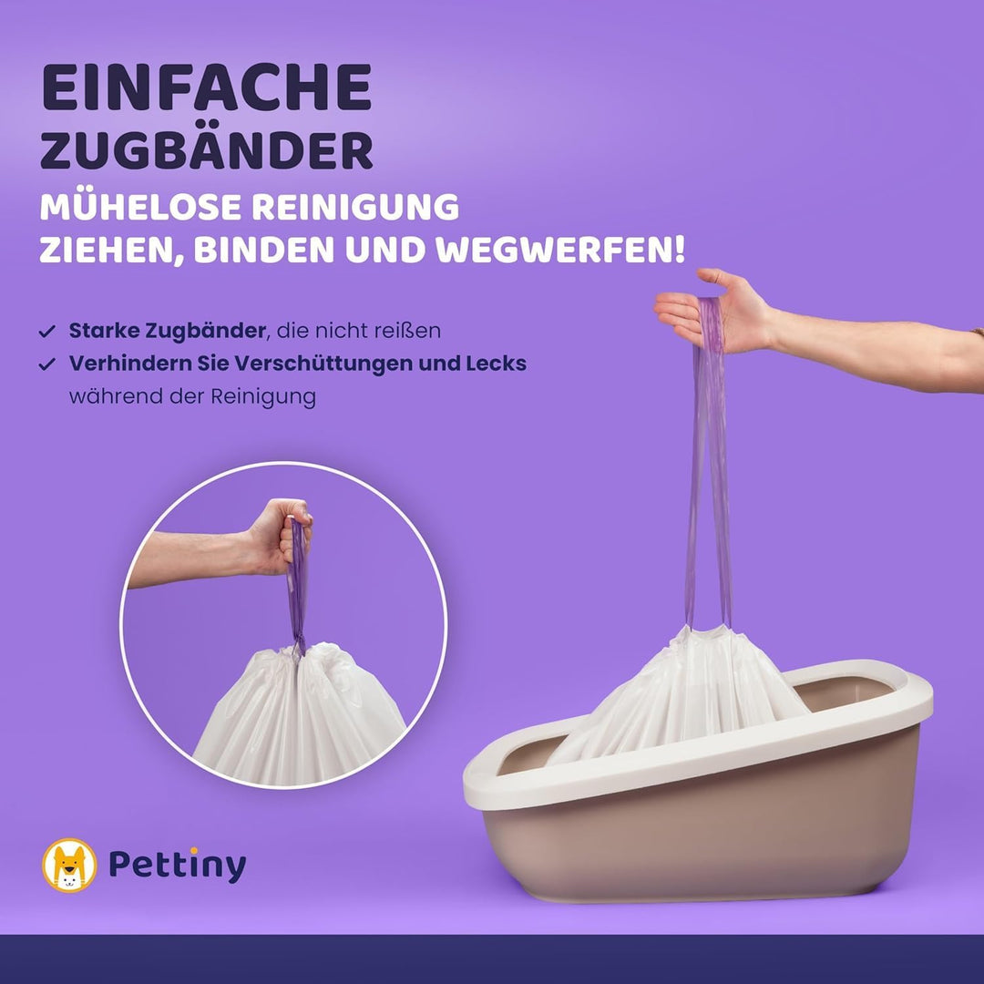 Pettiny Jumbo Katzentoilettenbeutel mit Zugbändern – 20er Pack Kratzfeste Tüten für Riesige Katzento