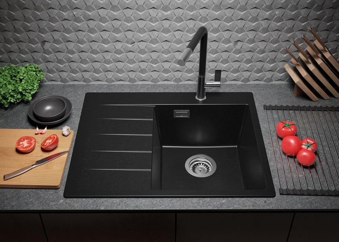 Granitspüle Schwarz 62x50 cm, Spülbecken + Ablauf-Set + Küchenarmatur 9050, Küchenspüle für 40er Unt