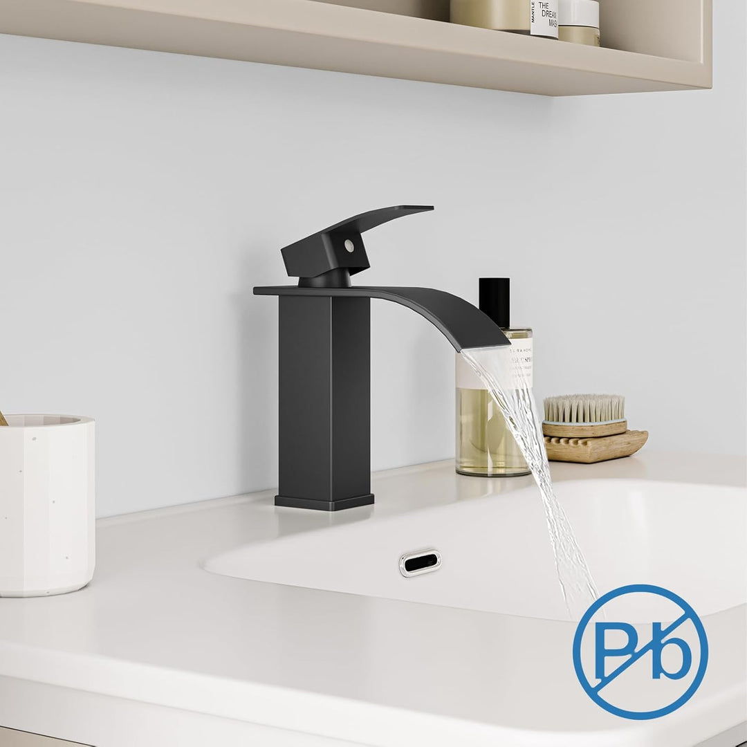 Wasserhahn Bad Schwarz Matt, Wasserfall Wasserhahn, Einhebelmischer Waschbecken，Einloch-Waschtischar