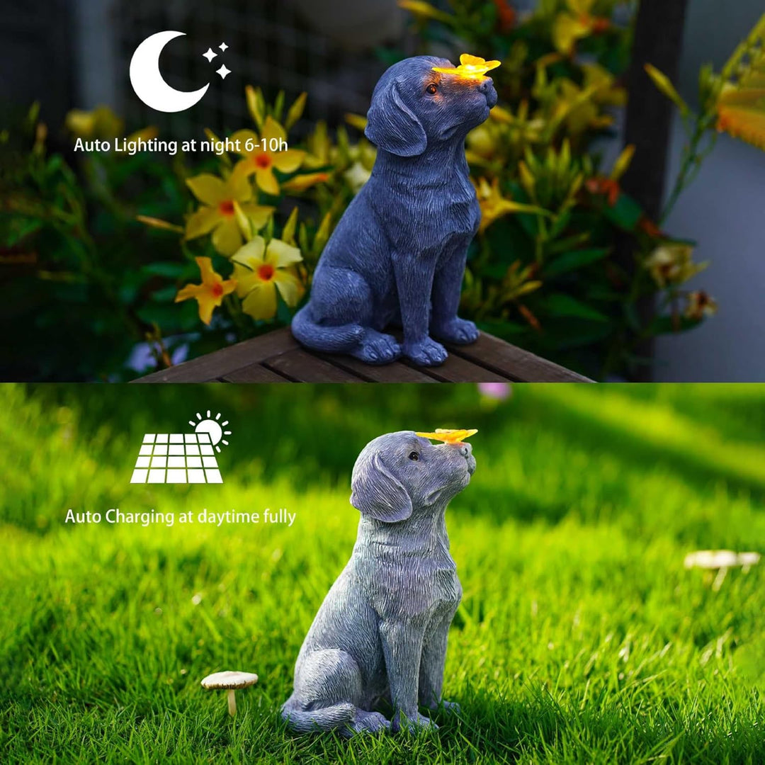 Solarleuchte Hund aus Harz mit Schmetterling, lustige Gartendeko Figur für Aussen, wasserdichte Deko