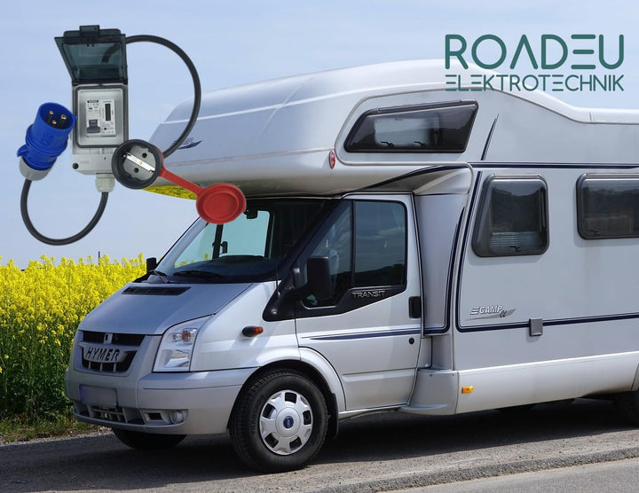 RoadEu - Schuko Adapter Komplett mit Zähler - Stecker 230V 16A auf Schuko Kupplung 230V - 3x2 5mm2 K