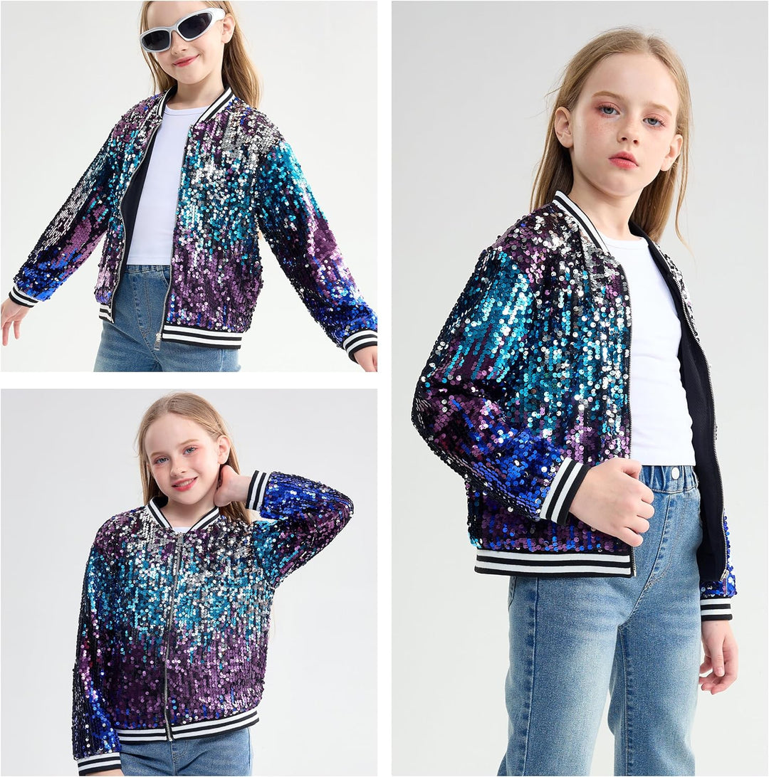 Mädchen Pailletten Bomberjacke mit Taschen Reissverschluss Langarm Glitzer Baseball Jacken für Kinde