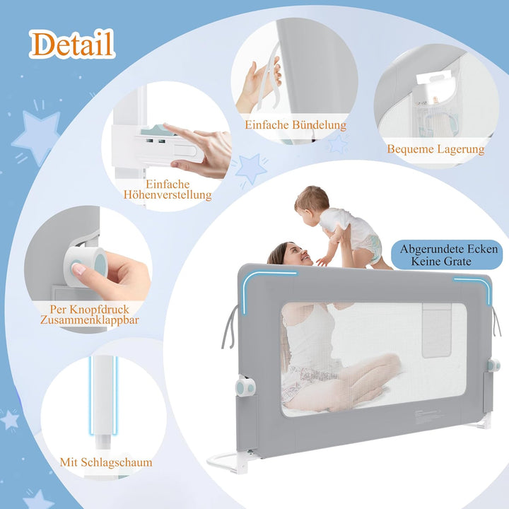 YUENFONG 150cm Bettgitter Bettschutzgitter Rausfallschutz für Kinder, Höhenverstellbar 72 bis 96cm K