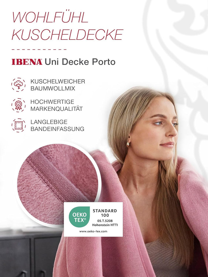 Ibena Porto Kuscheldecke 150x200 cm - Wolldecke rosa einfarbig, pflegeleichte Baumwollmischung, kusc