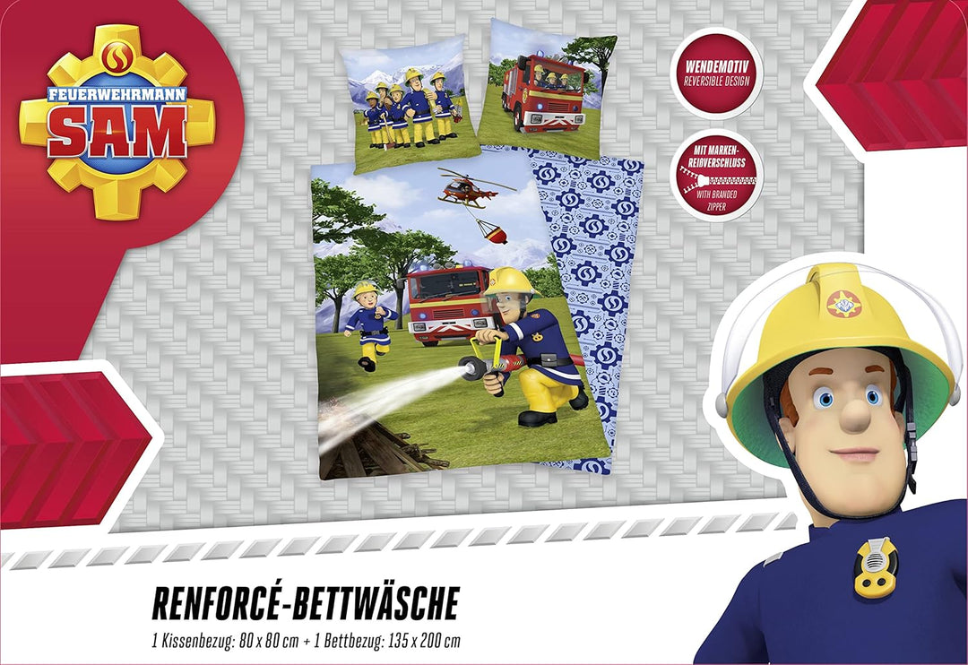 Herding FEUERWEHRMANN SAM Bettwäsche-Set, Wendemotiv, Kopfkissenbezug 80 x 80 cm, Bettbezug 135 x 20