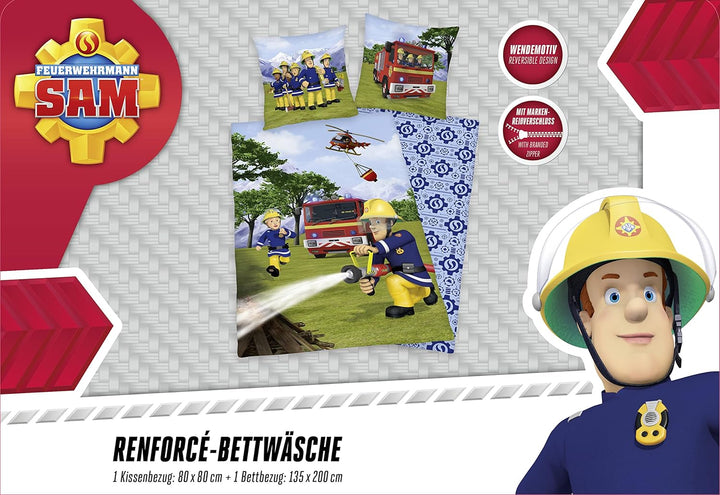 Herding FEUERWEHRMANN SAM Bettwäsche-Set, Wendemotiv, Kopfkissenbezug 80 x 80 cm, Bettbezug 135 x 20