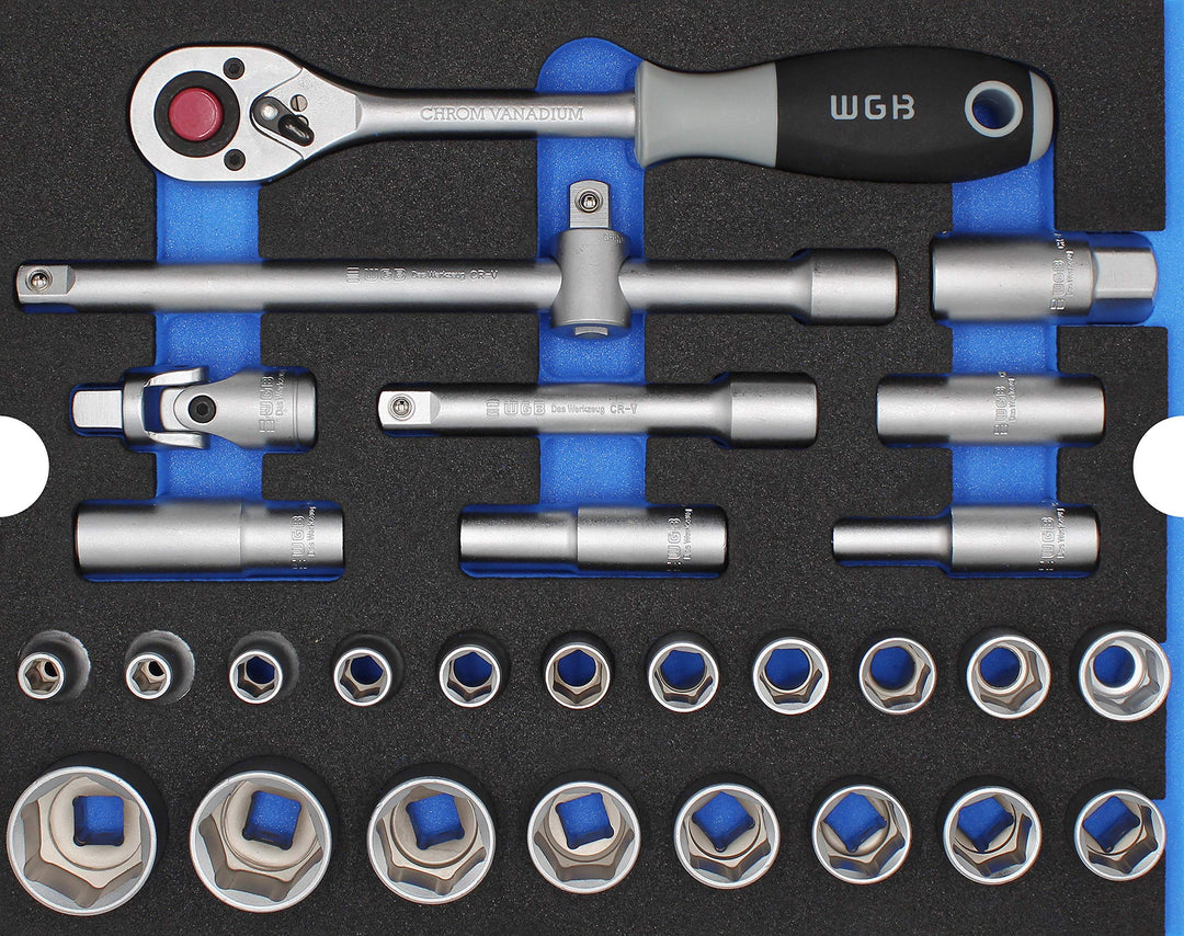 1/2" Steckschlüssel Set mit Ratsche und Sechskant Nuss Set 29 teilig | WGB Schaumstoffeinlage Werkze