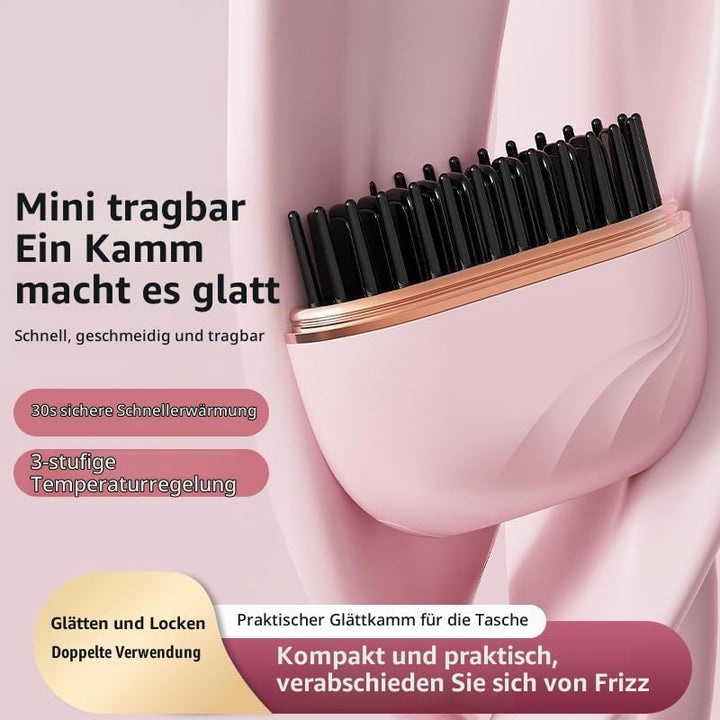 Mini-Haarglätterbürste, 2-in-1 kabellos &amp; tragbarer Haarglätter und Volumen-Heiκκamm, 30s Schnellauf