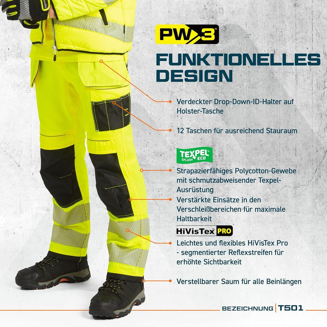Portwest T501 Verstärkte PW3 Hi Vis Werkzeughalter Arbeitshose Gelb/Schwarz 28, Gelb/Schwarz 28