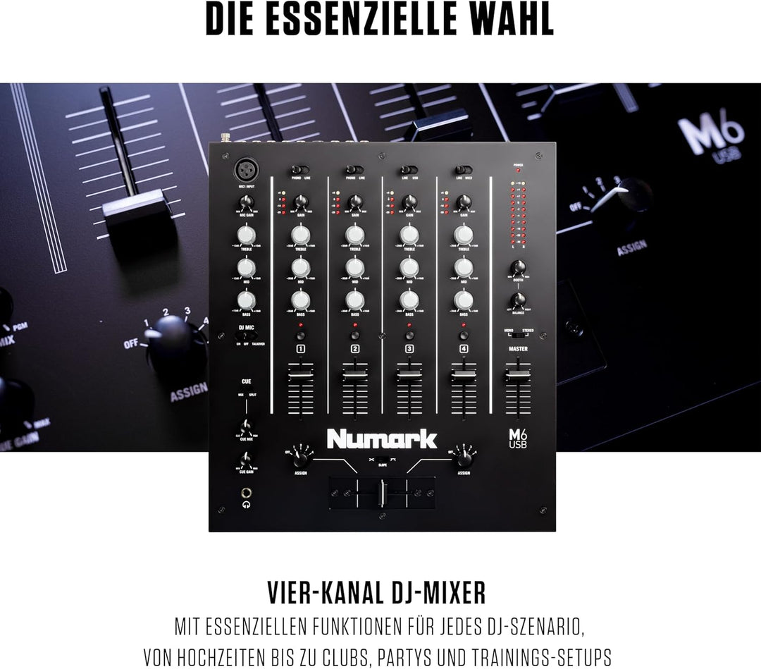 Numark M6 USB - 4-Kanal DJ-Mixer mit integriertem Audio Interface, 3-Band EQ, Mikrofoneingang und au