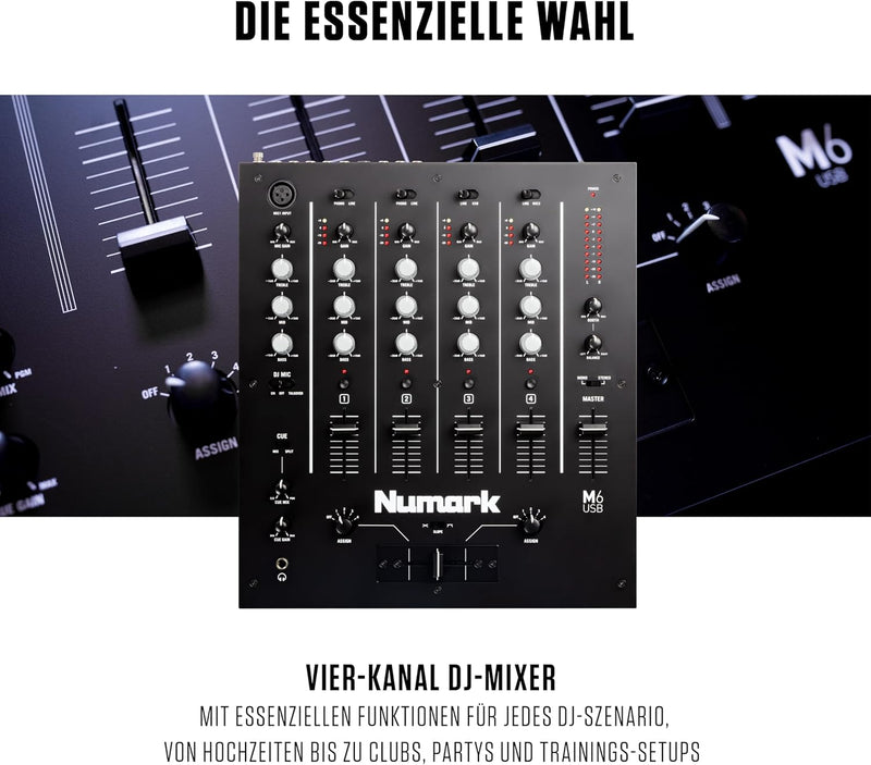 Numark M6 USB - 4-Kanal DJ-Mixer mit integriertem Audio Interface, 3-Band EQ, Mikrofoneingang und au