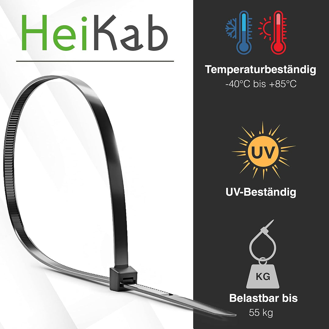 HeiKab 50 Kabelbinder 750 x 7,6 mm - UV-Beständig - Mindestzugfestigkeit 540 N / 55 kg - Schwarz - 7