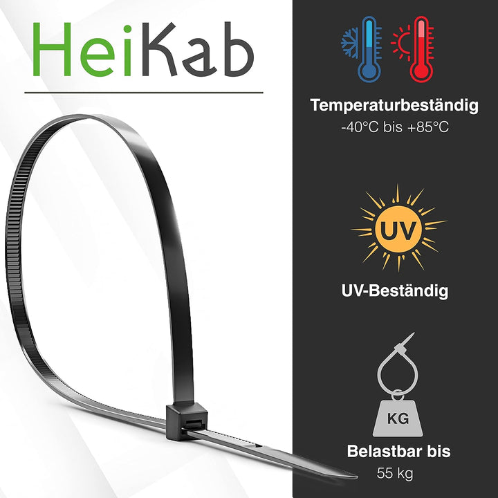 HeiKab 50 Kabelbinder 750 x 7,6 mm - UV-Beständig - Mindestzugfestigkeit 540 N / 55 kg - Schwarz - 7