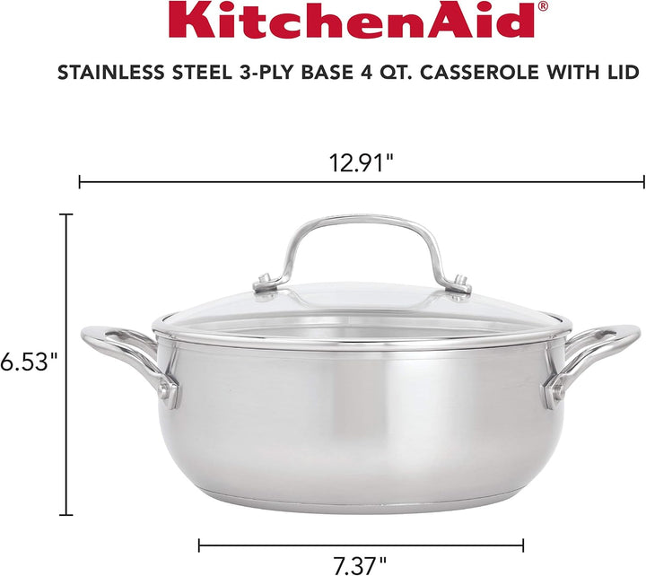 KitchenAid 71011 3-Ply Base Bratentopf aus gebürstetem Edelstahl mit Deckel Kasserolle (4 Quart), Ka
