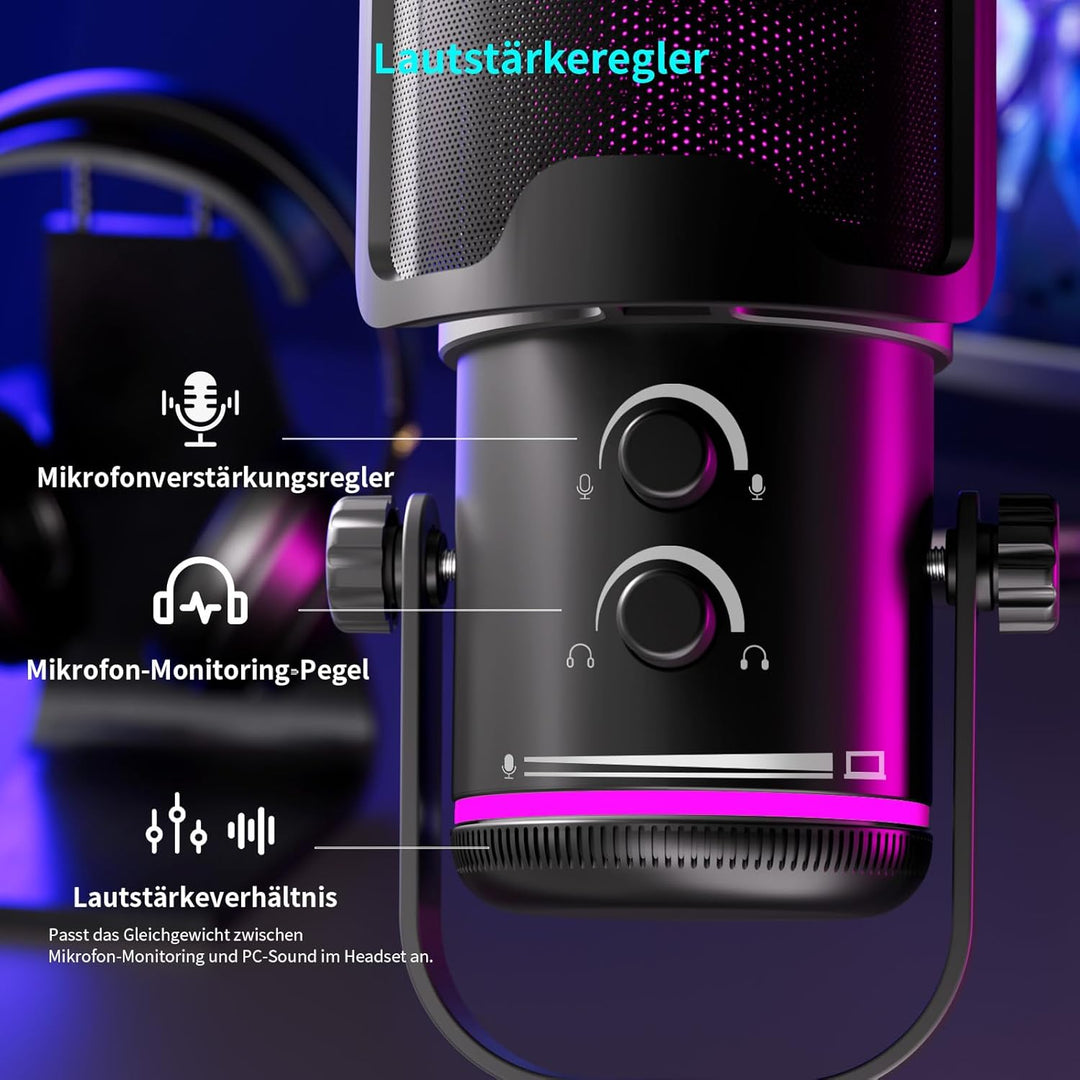 K KASONIC RGB Mikrofon für Gaming mit Boom Arm, Home Studio Kondensatormikrofon für PC, 24bit 192kHz
