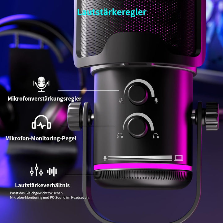 K KASONIC RGB Mikrofon für Gaming mit Boom Arm, Home Studio Kondensatormikrofon für PC, 24bit 192kHz