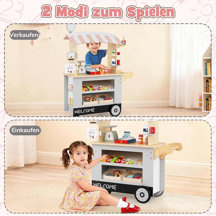 GOPLUS Kinder Kaufladen, Kaufmannsladen mit 2 Ablagen, Baldachin & 30 Zubehör, Einkaufsladen Holz mi