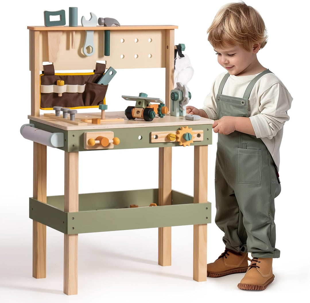 ROBOTIME Kinder Holz Werkzeugbank - Multifunktions-Werkbank Set mit Werkzeuggürtel, Hammer, Schraube