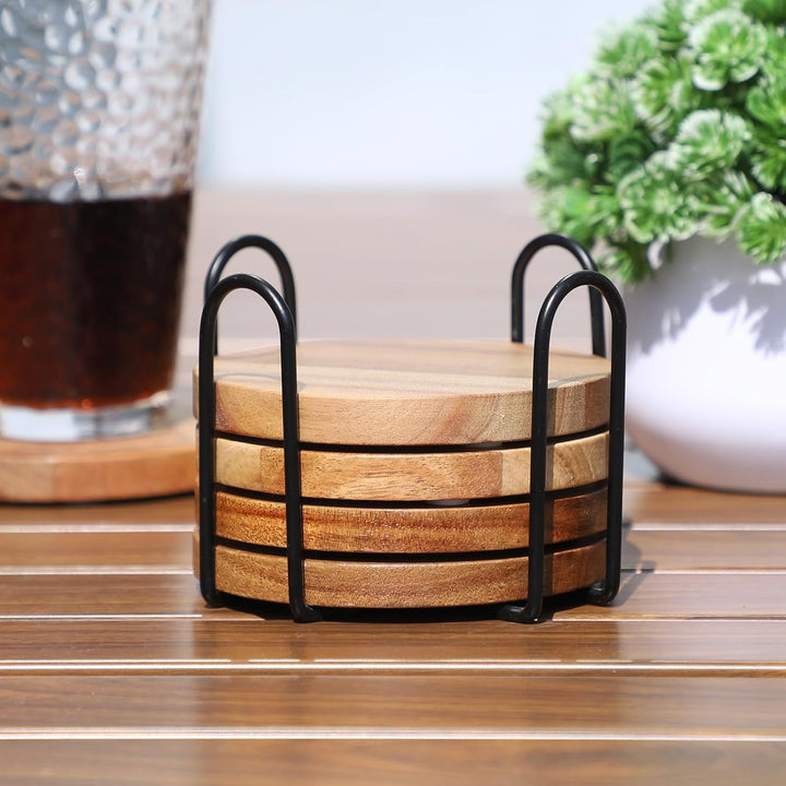 Untersetzer Gläser Holz 6er Set, Glasuntersetzer aus Akazienholz mit Halter, Holz untersetzer Rund,