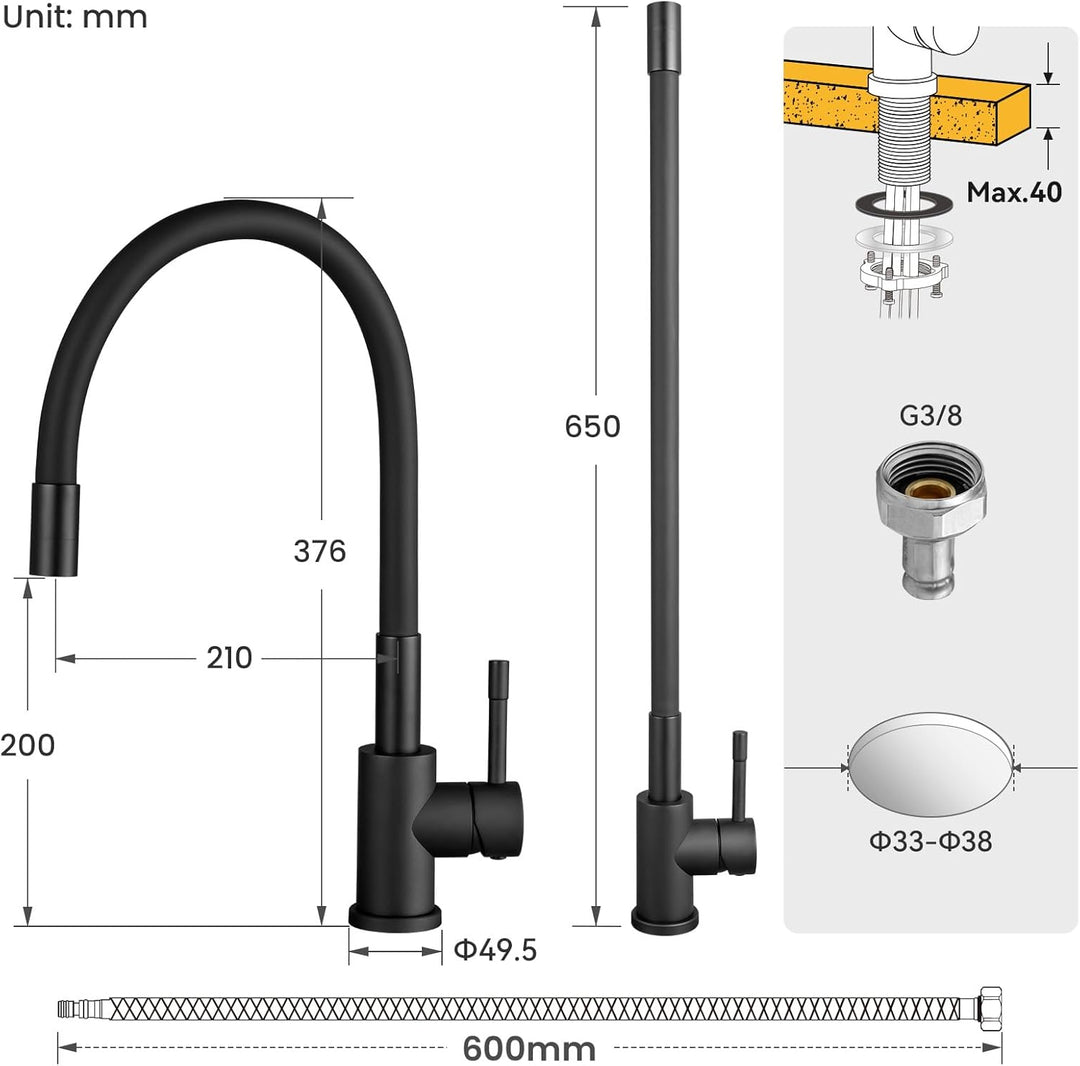 CECIPA Küchenarmatur Flexibel 360° Drehbar, Spülarmaturen Küche Hochdruck, Schwarze Küchenarmaturen,