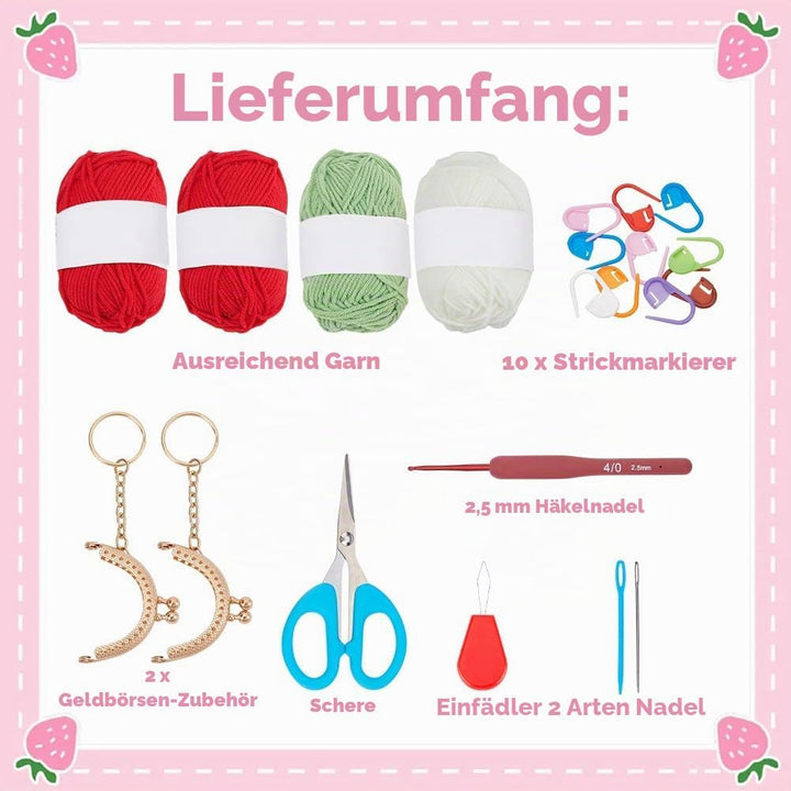 ORIGACH 2 Stück Erdbeer Geldbörse Häkelset Für Anfänger, DIY Kiss Lock Brieftasche Starter Häkelset