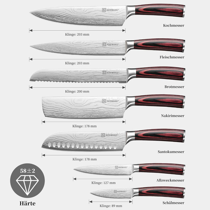 KEEMAKE Küchenmesser Set 7 teilig, Messerset aus Edelstahl mit Profi Brotmesser Kochmesser Santoku M