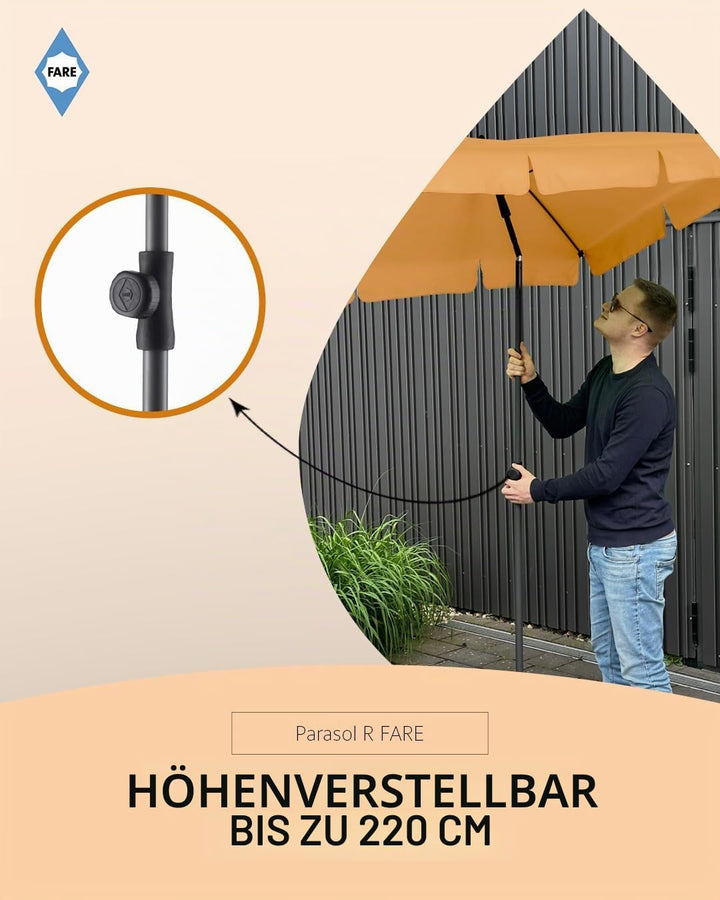 FARE Sonnenschirm Grösse L rechteckig - 200 cm Durchmesser - UV-Schutz 50+ für Balkon Garten Terrass