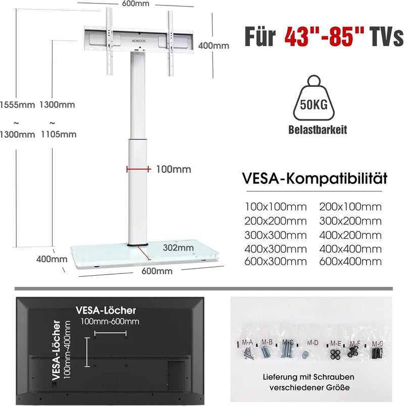 AOKCOS TV Ständer Bodenständer Höher 1.6m für 43-75 85 Zoll Fernseher, Neigbar Schwenkbar Höhenverst